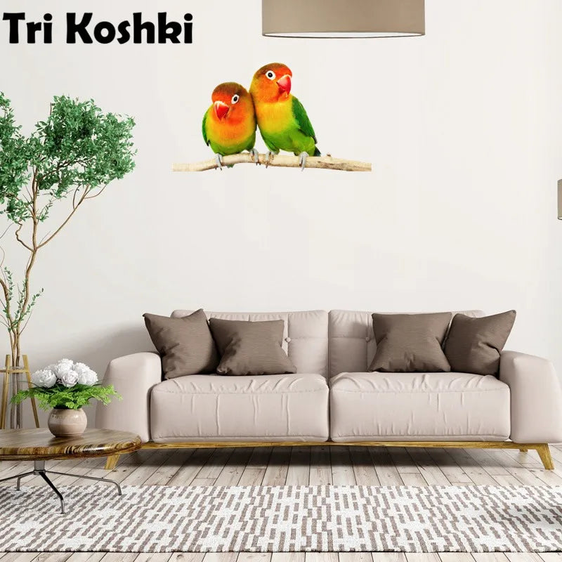 Tri koshki RC026 Animal Bird Green-Red Parrot Family Wall Sticker Waterproof PVC Decoration Door Living Room Kids Room