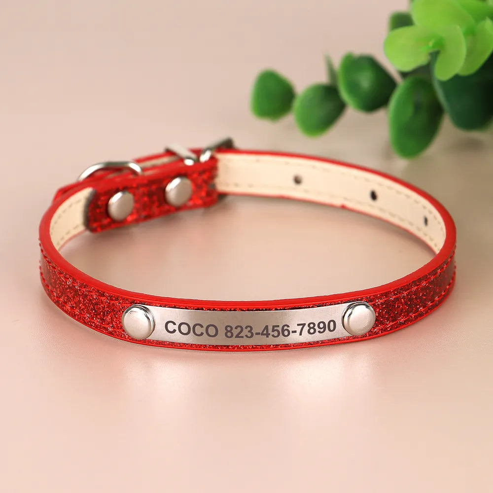 Personalized Cat Collar Custom Leather Cat Collars Free Engraved Puppy Kitten ID Necklace Bling Pet Collars for Small Dogs Cats