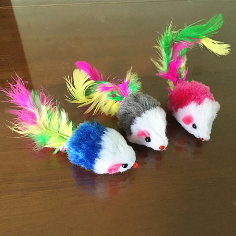 Cute Mini Soft Fleece False Mouse Cat Toys Colorful Feather Funny Playing Training Toys for Cats Kitten Puppy Pet Supplies