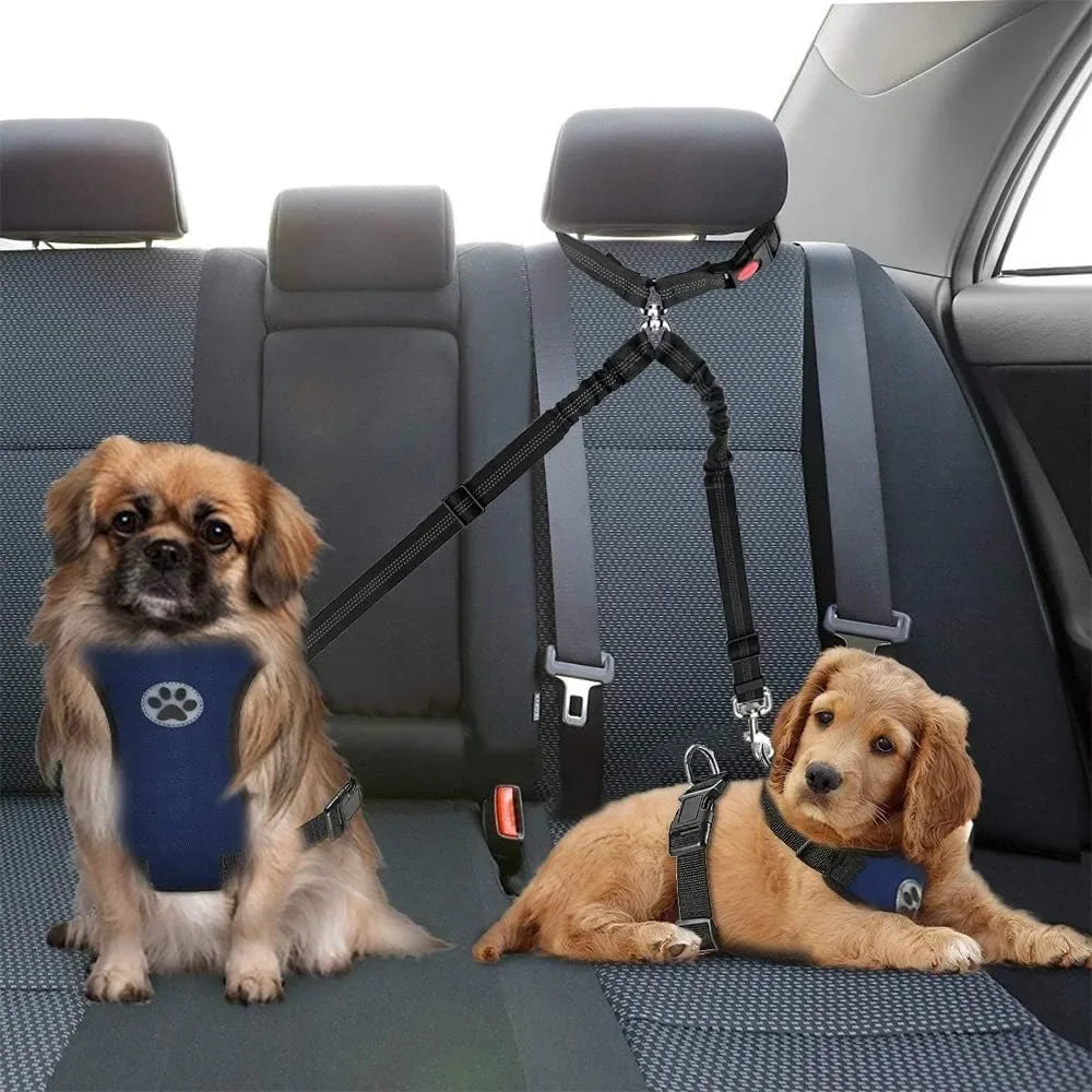 Double Dog Safety Belt Pet Car Headrest Restraint Safety Seatbelt Adjust Elastic Splitter Connect Harness in Travel for 2 Dogs