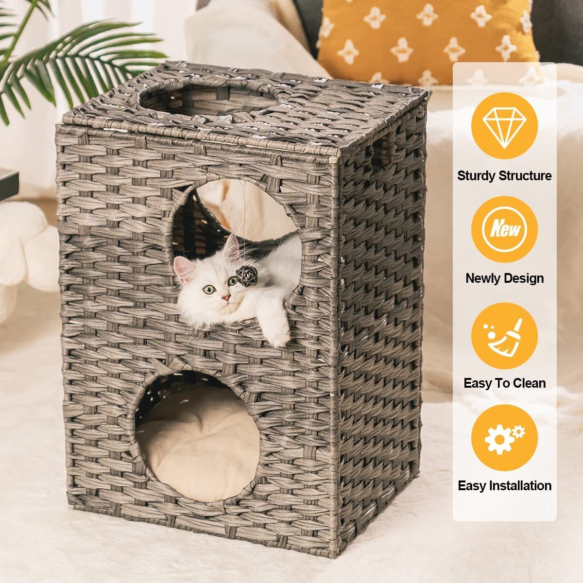 MEWOOFUN Cat House Wicker Cat Bed for Indoor Cats Woven Rattan Cat